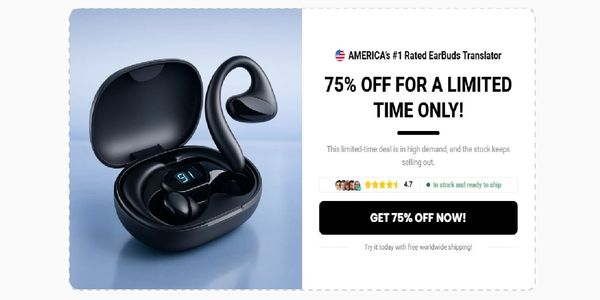 Wireless earbuds with a 75% off limited-time offer and high customer rating.
