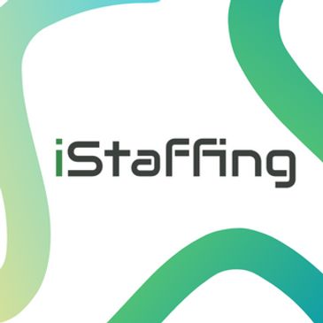 Logo of iStaffing with green and blue wave designs.