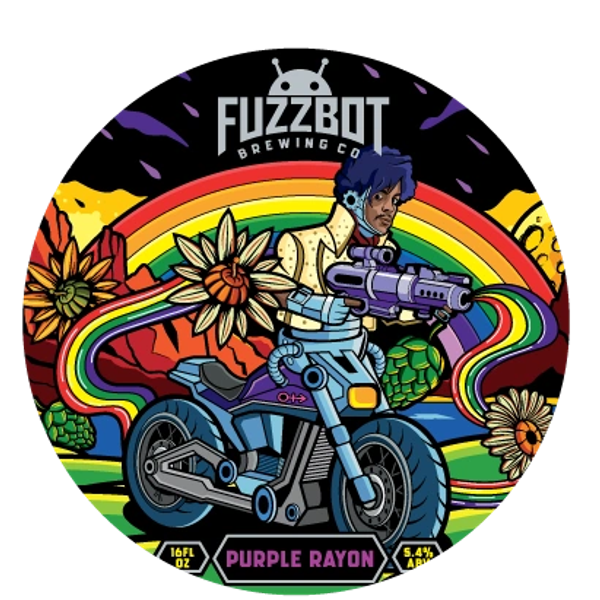 Colorful Fuzzbot Brewing Co. label with a futuristic biker and rainbow.