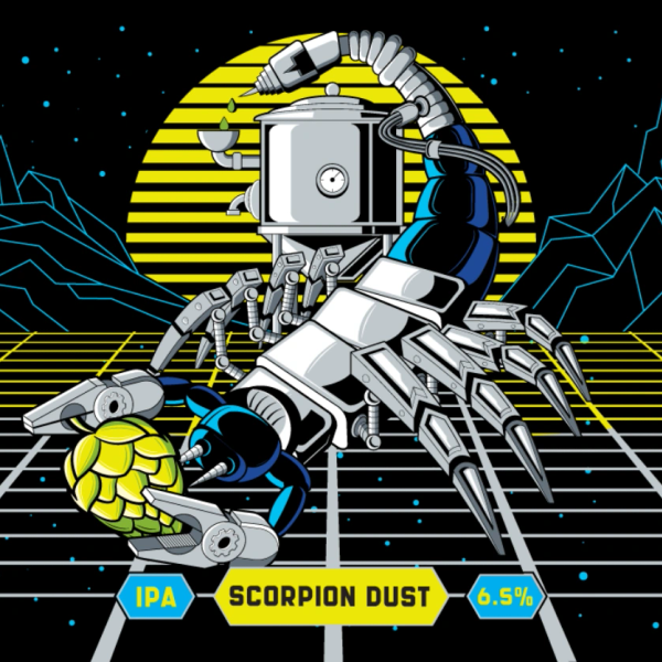 Futuristic robotic scorpion holding a hop cone against a retro grid background.