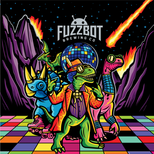 Dinosaurs disco party with Fuzzbot Brewing Co. logo and meteor in fiery mountains.