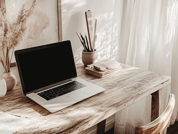 A cozy wooden desk setup with a laptop, dried flowers, and art supplies in natural light.
