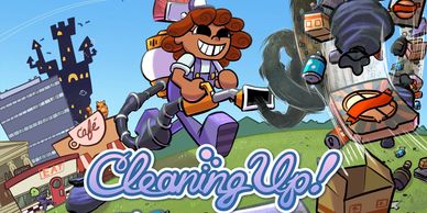 Animated character happily cleaning up a chaotic city scene.