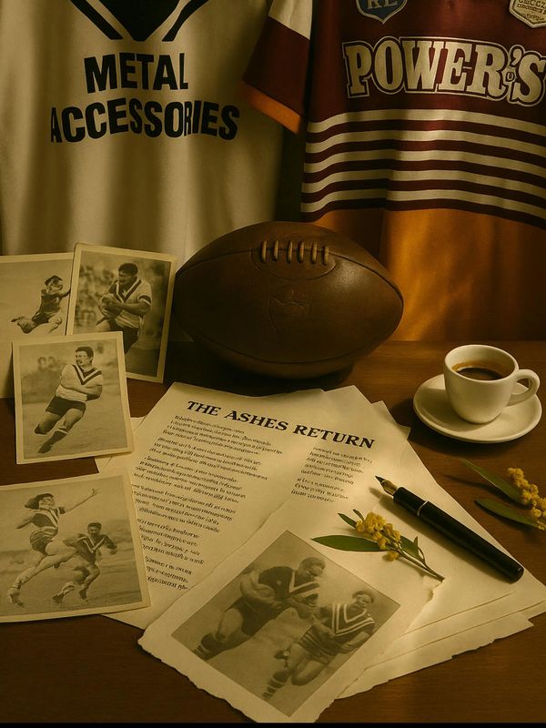 Vintage rugby memorabilia with old photos, a leather ball, and a cup of coffee on a wooden table.
