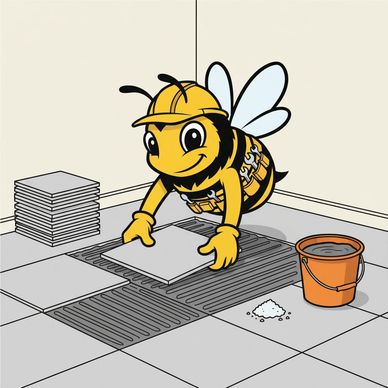 Mr. Bee installing tile flooring.