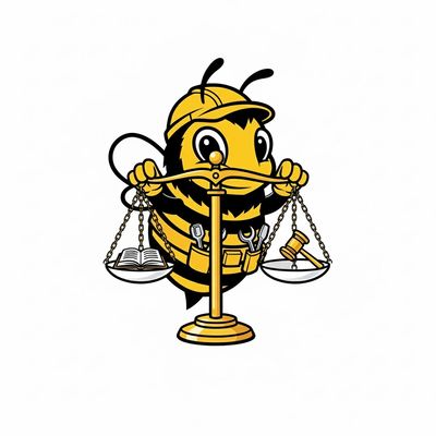 Mr. Bee holding the scales of justice.