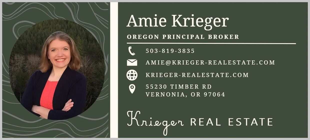 Business card for Amie Krieger, Oregon Principal Broker at Krieger Real Estate.