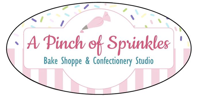A logo for 'A Pinch of Sprinkles' bake shoppe and confectionery studio with pastel sprinkles and stripes.