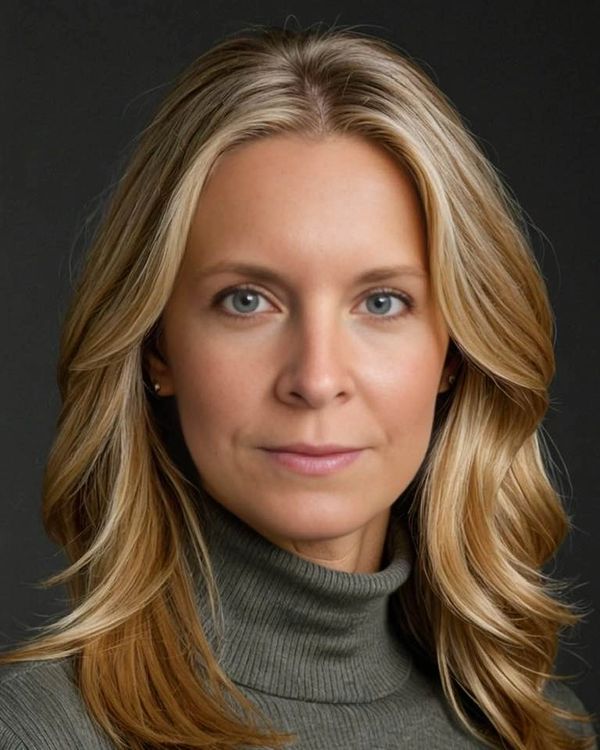 Professional headshot of a woman with blonde hair and blue eyes wearing a gray turtleneck sweater.