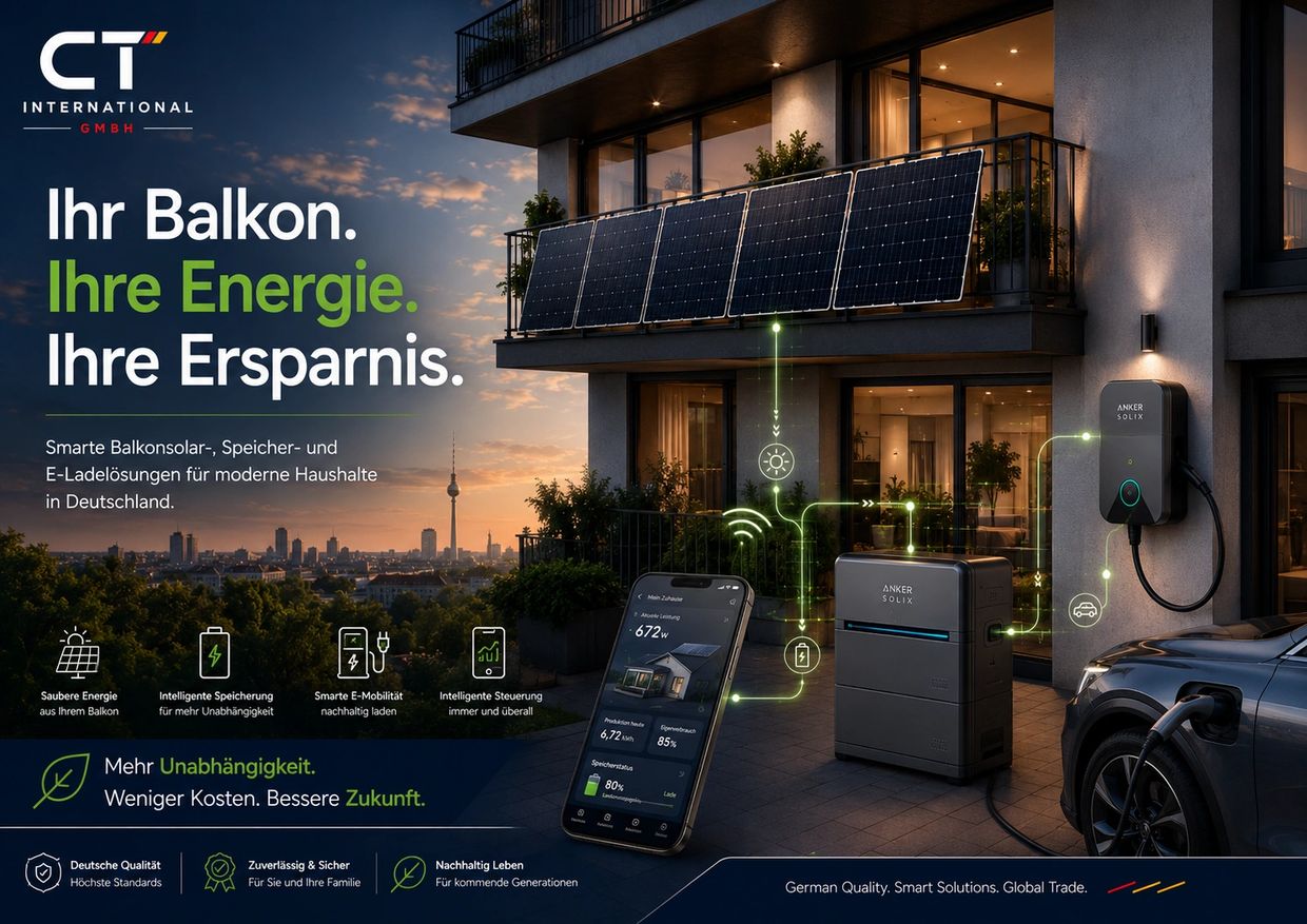 Modern balcony solar system with smart energy storage and EV charging for German households.