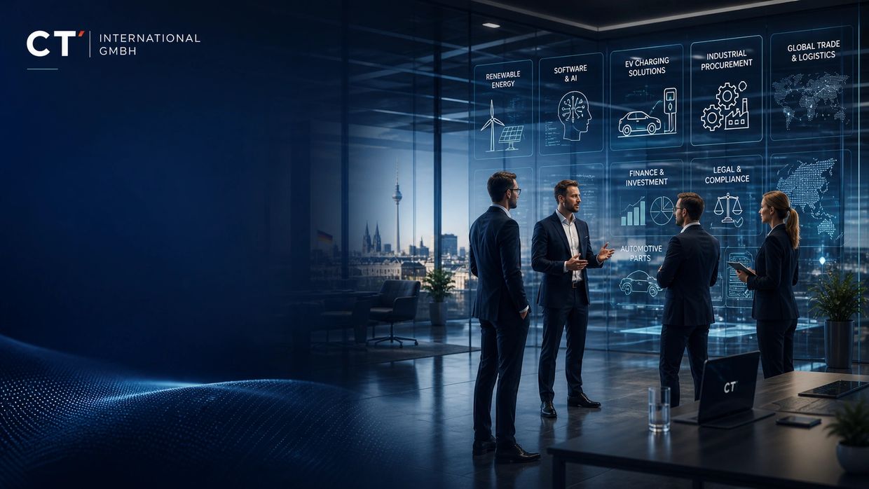 Business professionals discuss futuristic digital solutions in a modern office with city views.