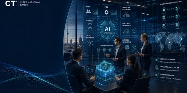 Business team discusses AI automation and business process optimization with futuristic holographic interface.