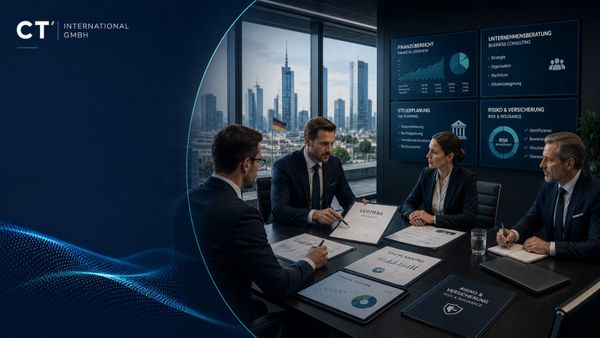 Four professionals discussing contracts in a modern office with city view.