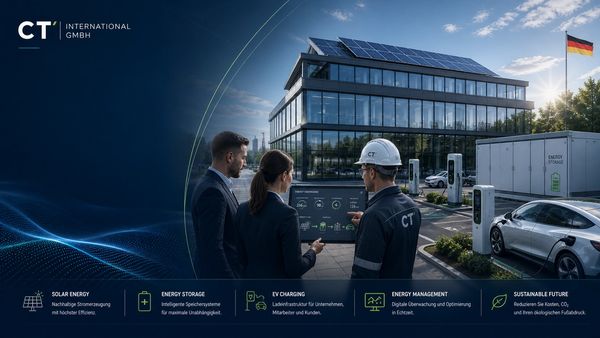 Business team and engineer discuss sustainable energy solutions in front of a modern office with solar panels.