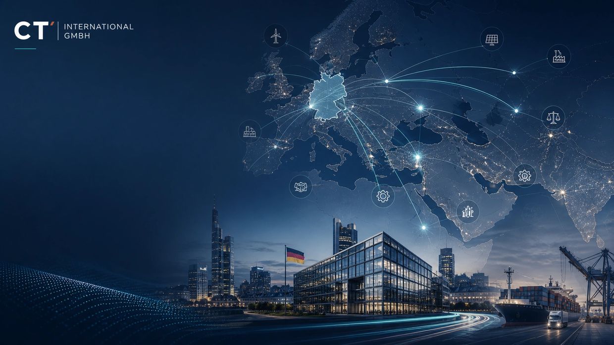 Global business network centered in Germany with modern city and logistics visuals.