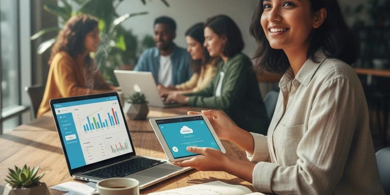Smiling woman working on tablet and laptop with colleagues in background.