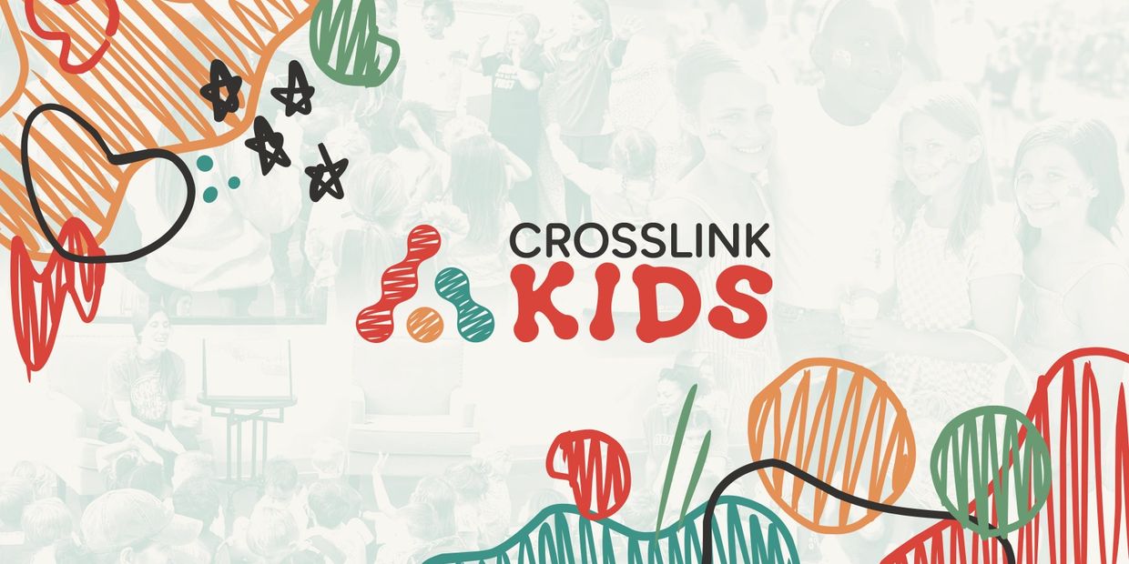 Colorful logo of Crosslink Kids with playful scribbles and faded kids in background.