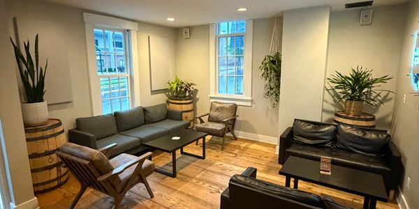 Cozy living room with wooden floors, modern furniture, and plants in barrels.