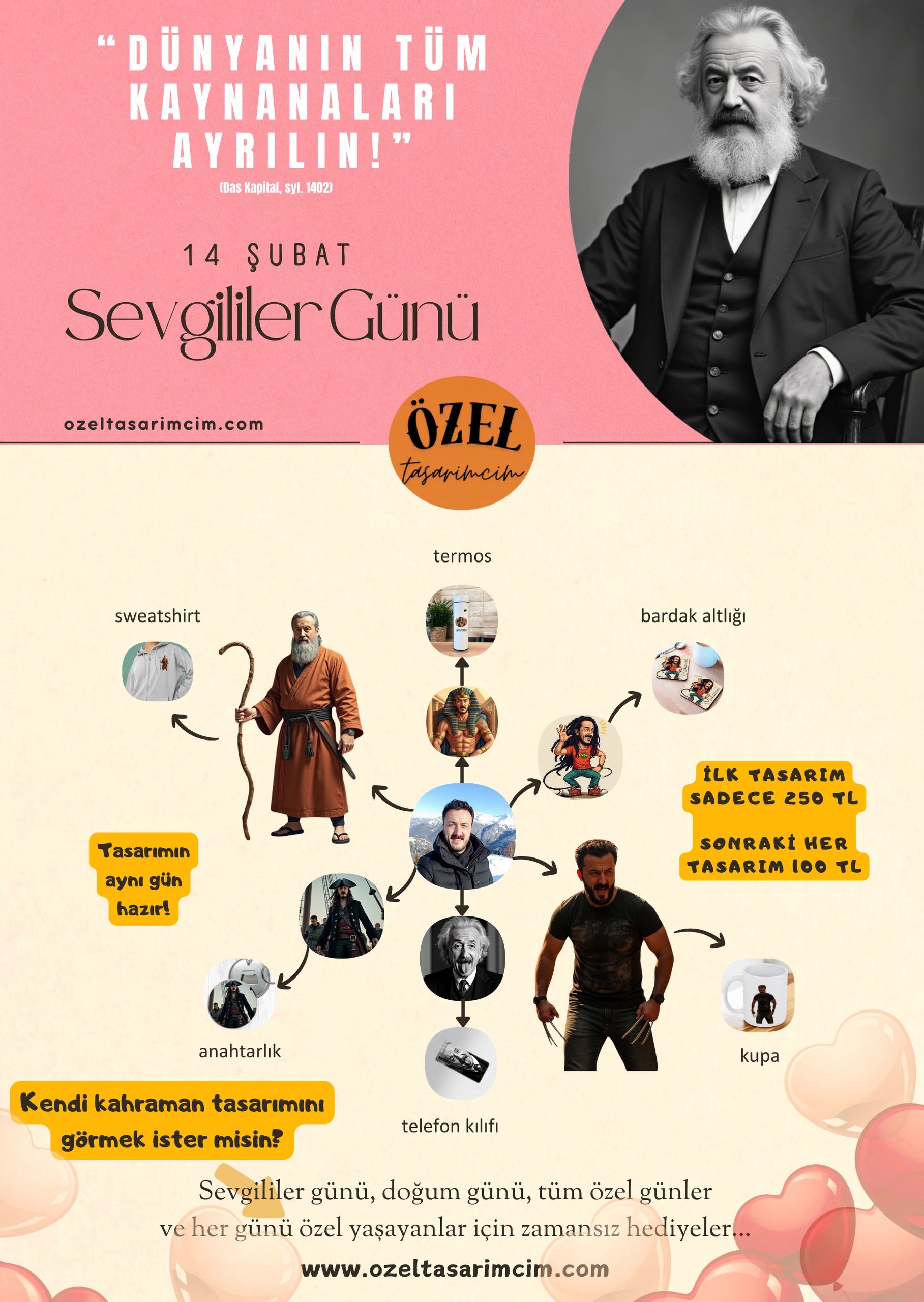 Karl Marx "Dünyanın tüm kaynanaları ayrılın!" diyor. ozeltasarimcim.com'a ait mizahi bir afiş. 