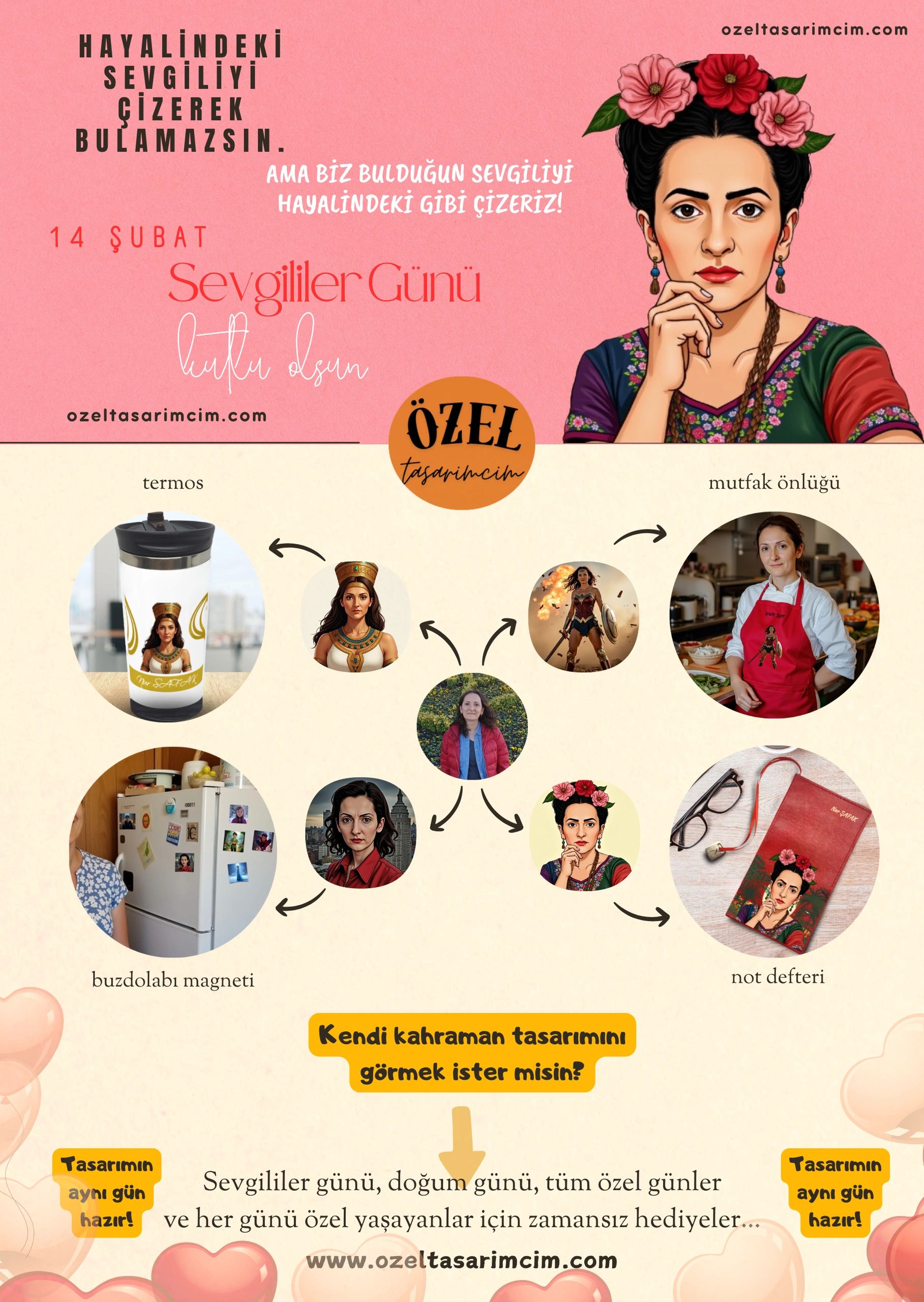 Frida Kahlo resmi ve kişiye özel yapay zeka ile tasarlanmış birçok tasarımın yer aldığı afiş.