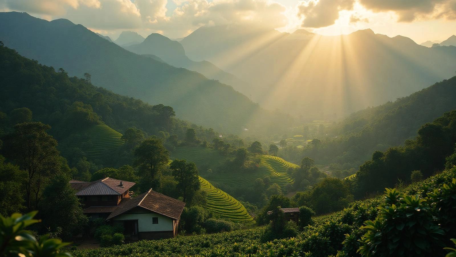 Sunlight over terraced green hills and houses.