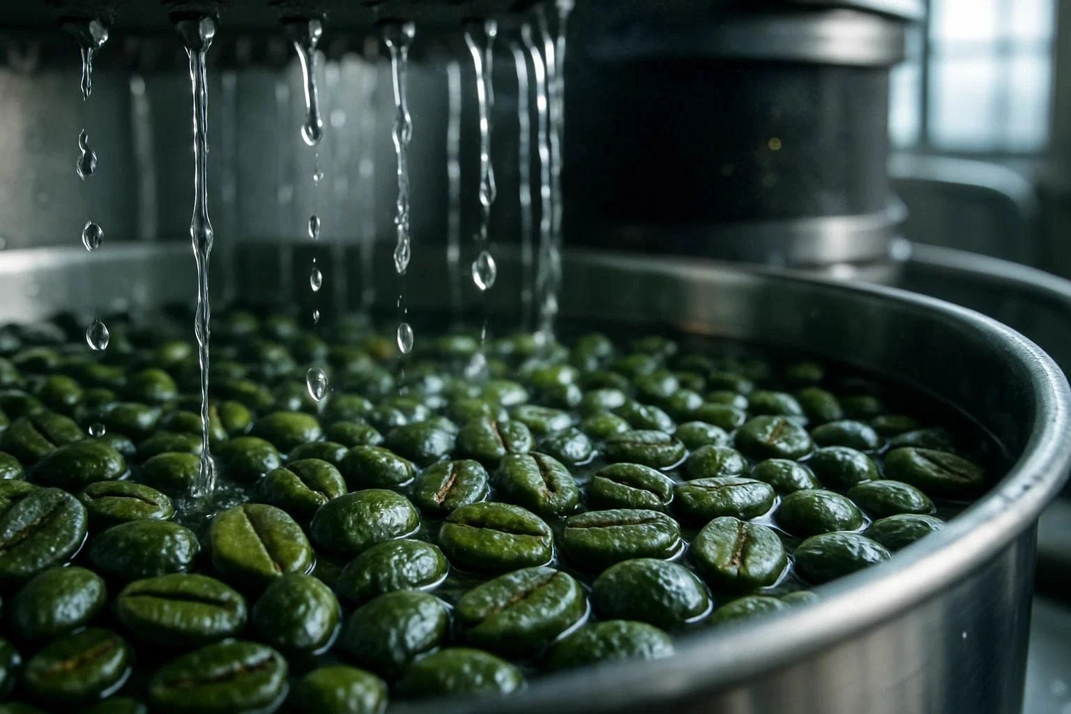 Green coffee beans soaking in water with drips above.