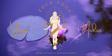 Logo of Toca Yoga with a serene purple water background.