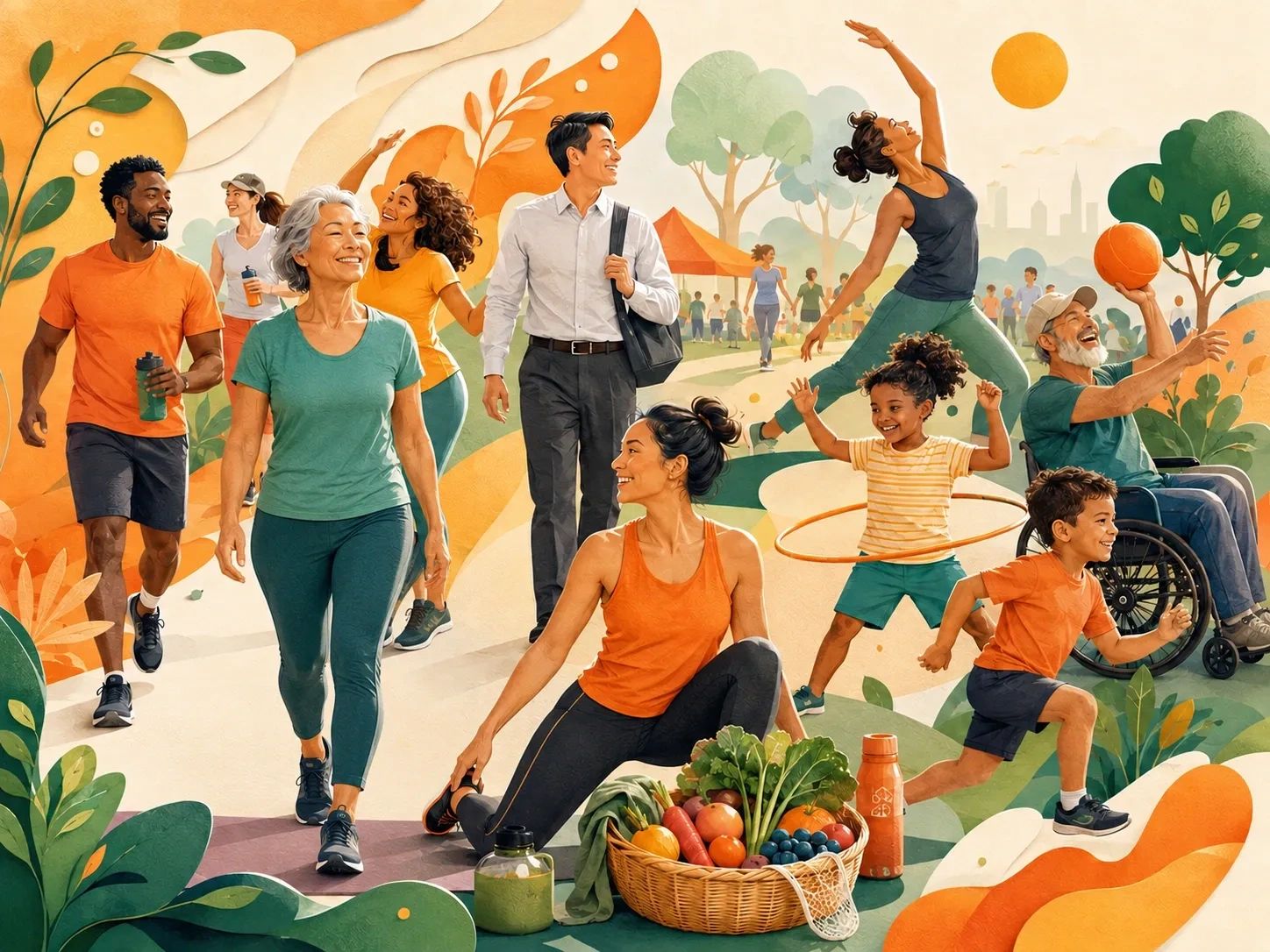Diverse people enjoying movement, relaxation, healthy food, and community wellness outdoors.
