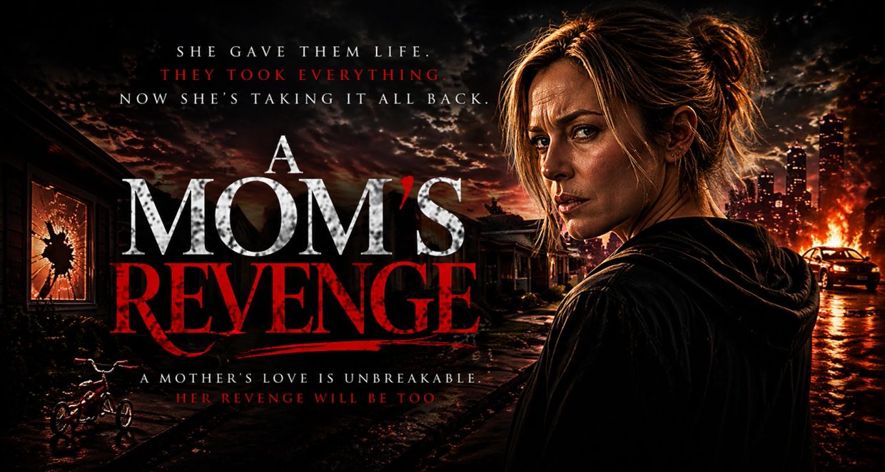 A determined mother seeks revenge in a dark, fiery urban setting.