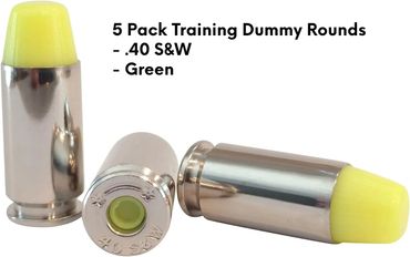 Five green training dummy rounds for .40 S&amp;W caliber.