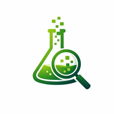 Green chemistry flask with magnifying glass and pixels