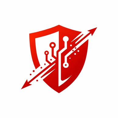 Red shield with circuit lines and arrows symbolizing cybersecurity and technology.