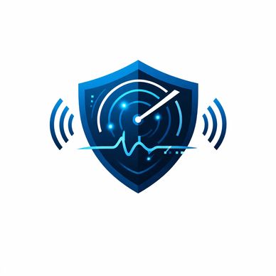 Blue shield with radar and signal waves symbolizing security and detection.