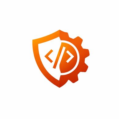 Orange shield and gear logo with code symbols inside.