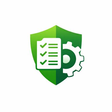 Green shield with checklist and gear icons symbolizing security and settings.