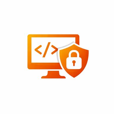 Orange computer monitor with code and a shield lock symbol for cybersecurity.