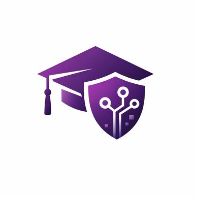 Purple graduation cap with a digital shield symbolizing education and cybersecurity.