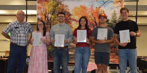 Oklahoma Grange Scholarship Recipients 2025, pictured left to right-President Billy Shufeldt, Randal