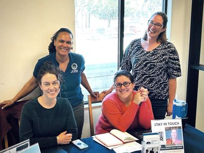 The District 4 team welcomes the public during Office Hours at the Marina Library. Left to right: Ke