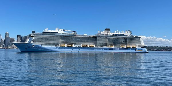 A large cruise ship sails near a city skyline on a sunny day.