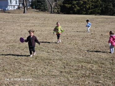 Four toddlers playing outside on a grassy field on a sunny day.