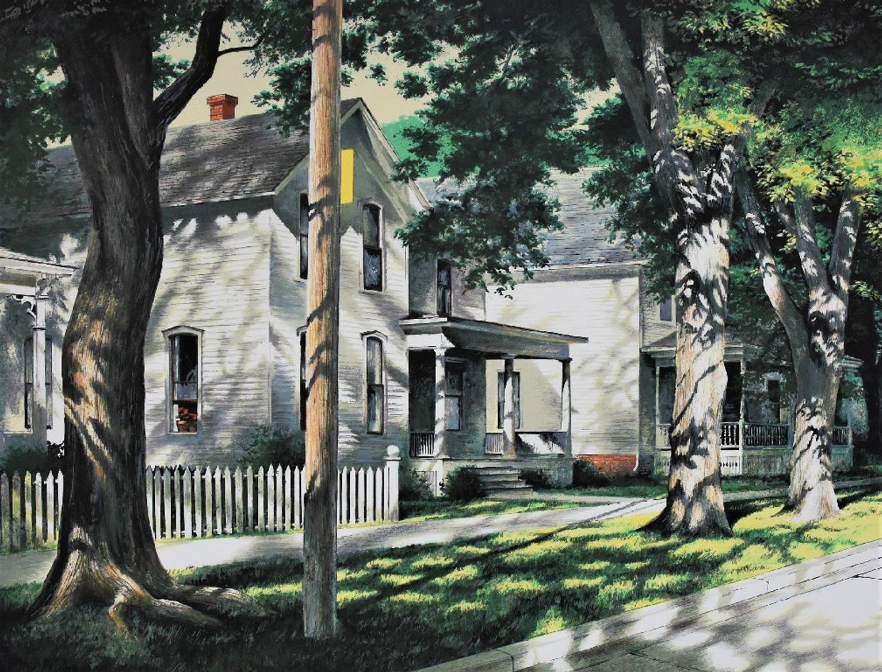 Sunlit suburban houses with large trees casting shadows on the sidewalk and lawn.