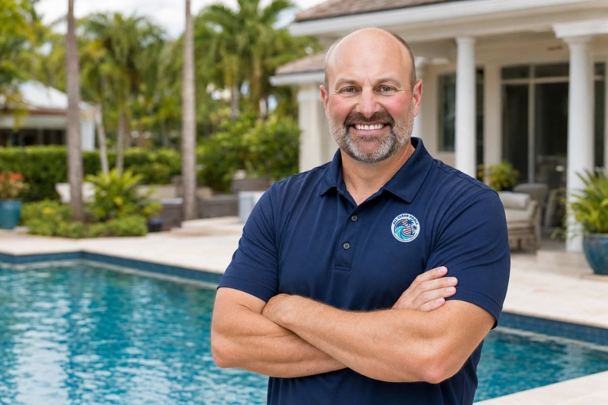 All Clear Pools founder Charles McLain beside a residential pool in Vero Beach, Florida