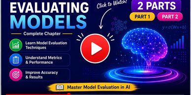 Illustration of AI brain with text on evaluating models in AI.