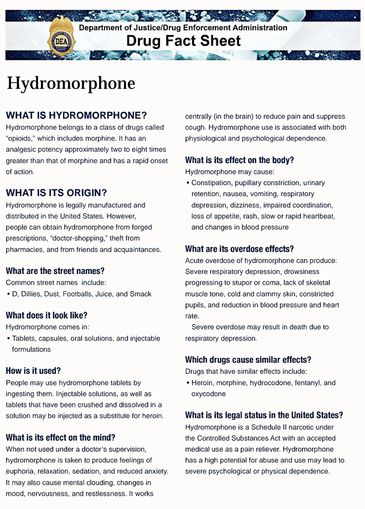 Informative drug fact sheet on Hydromorphone by DEA.