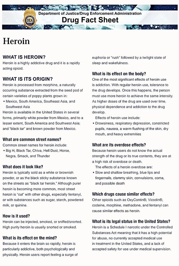 DEA Drug Fact Sheet detailing heroin's origin, effects, and legal status.