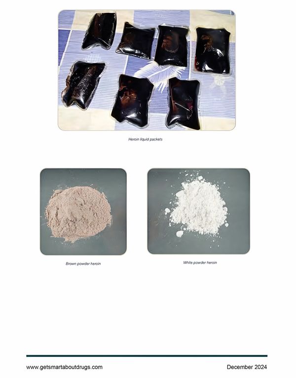 Various forms of heroin: liquid packets, brown powder, and white powder.