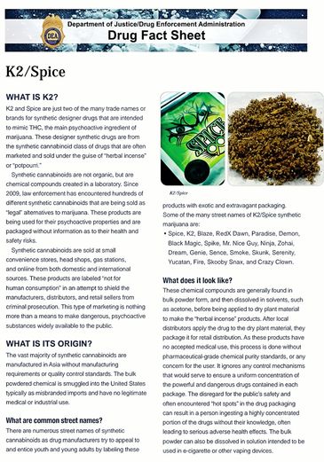 DEA Drug Fact Sheet on K2/Spice synthetic cannabinoids and their risks.