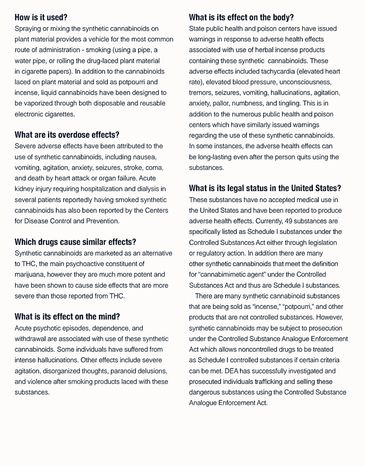 Informative text about synthetic cannabinoids, their effects, and legal status in the US.