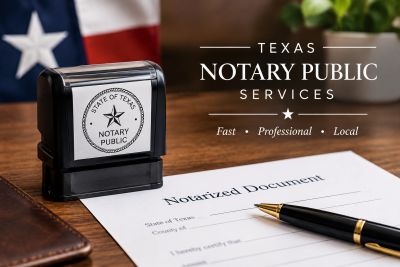 Texas notary public stamp and document setup.